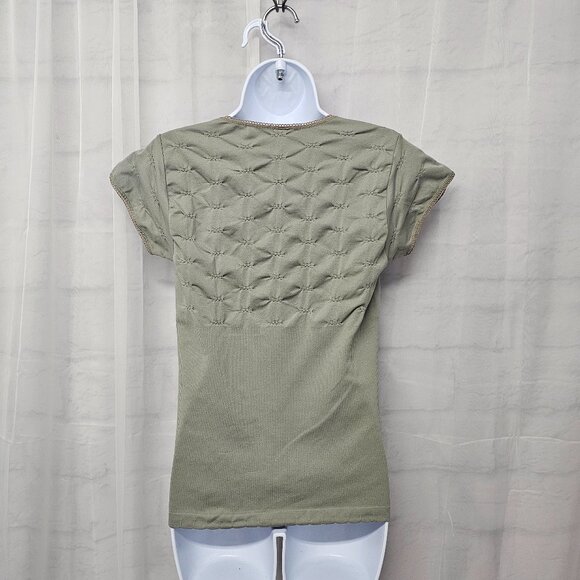 Vintage Olive Green Tee Top Y2K Fairy Twee Crochet Trim Ruched Ribbed Bodycon XL - Picture 7 of 11
